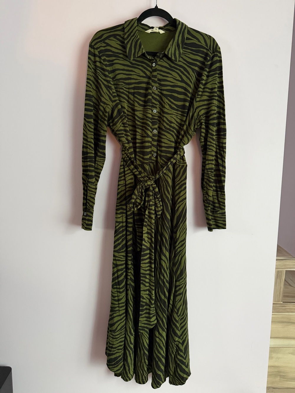 Boden Olive Green Zebra-Print Long Sleeve Cotton Shirt Dress Tie Waist 20